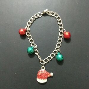 Jingle Bell Santa Hat Silver Tone Christmas Holiday Statement Bracelet